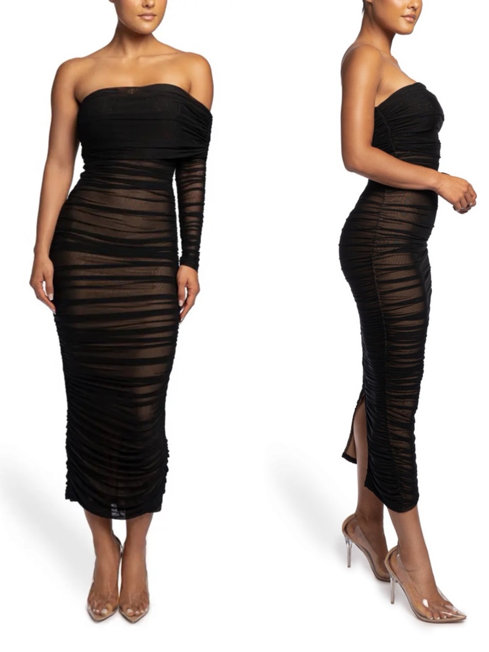 JLUXLABEL Strapless One-Sleeve Ruched Midi Dress in Black Size S